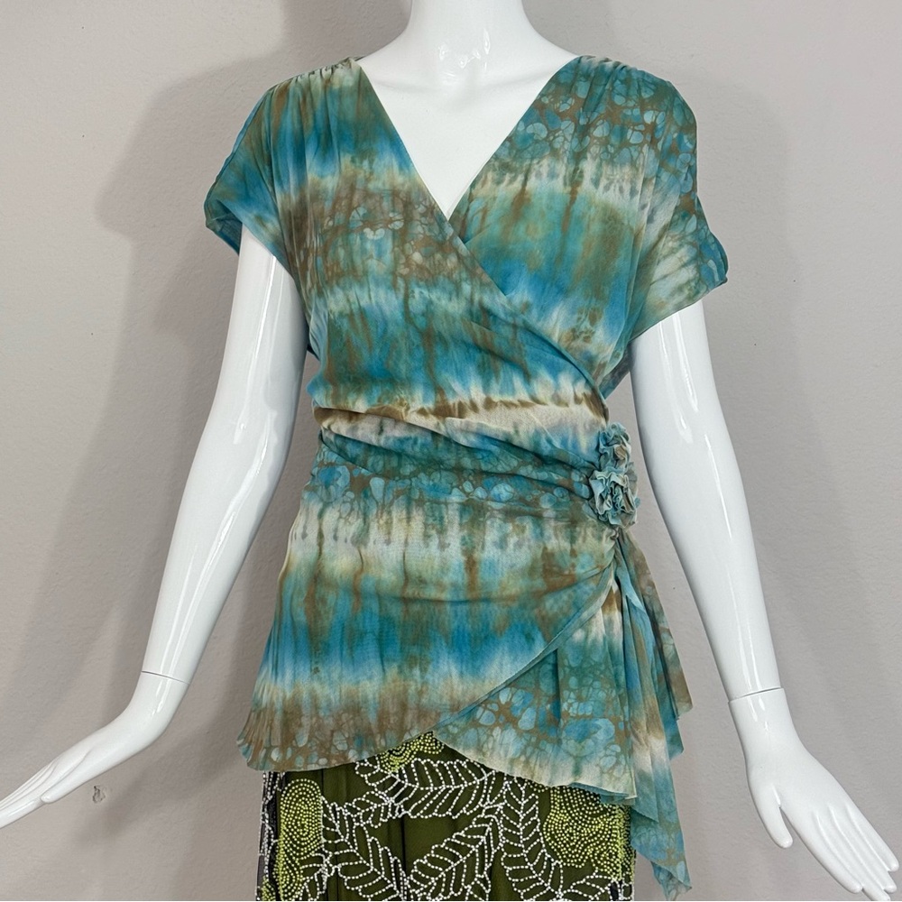 Vintage Johnny Heaven Tie-Dye Cinched Waist Blouse 3D Floral Accent Mesh Sz 2XX